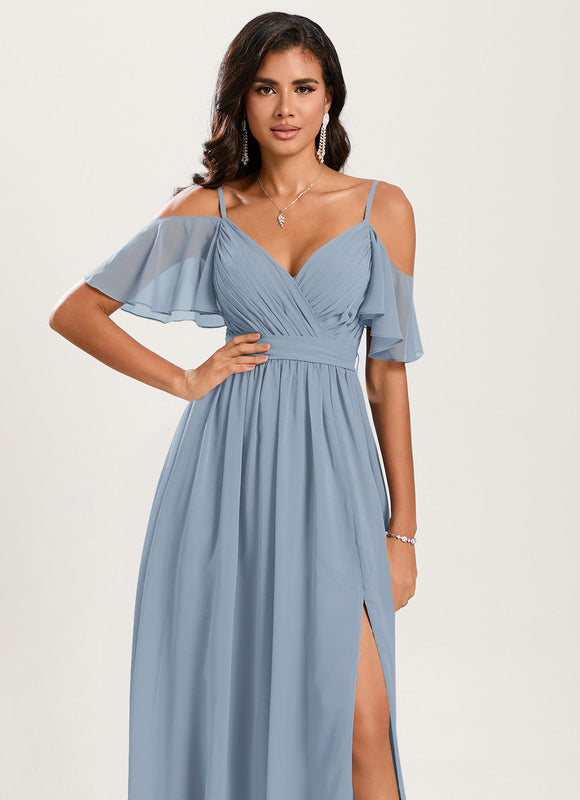 Robe Pastel Bleu Décolleté Épaules Volants - gallery 6