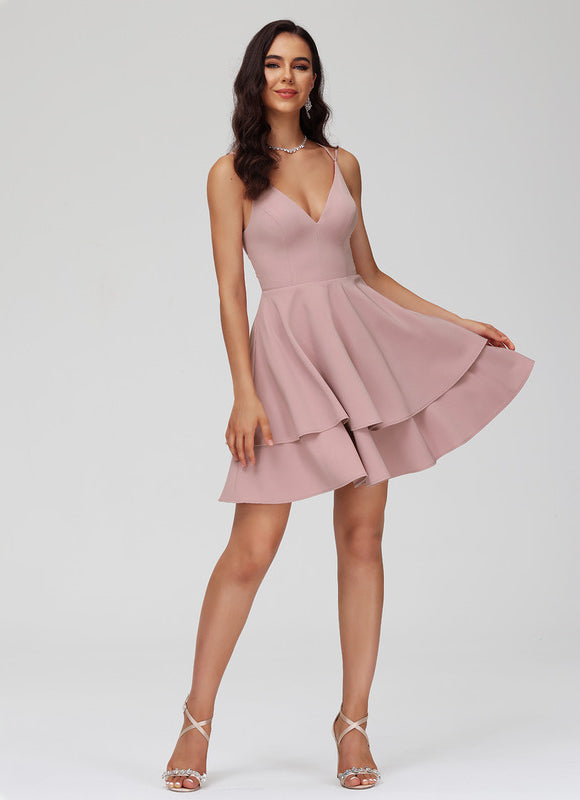 Robe Pastel Rose Trapèze Col V Court - gallery 7
