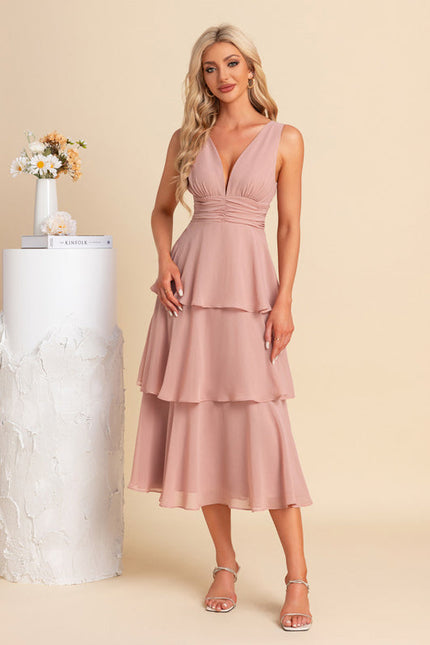Robe Pastel Rose Col V Trapèze Midi - gallery 3