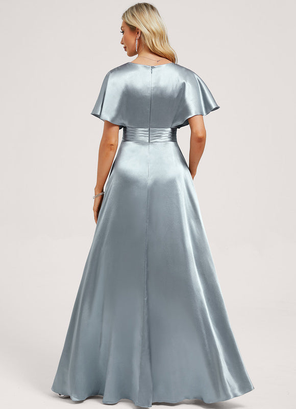 Robe Pastel Verte Satin Longueur Ras Du Sol - gallery 4