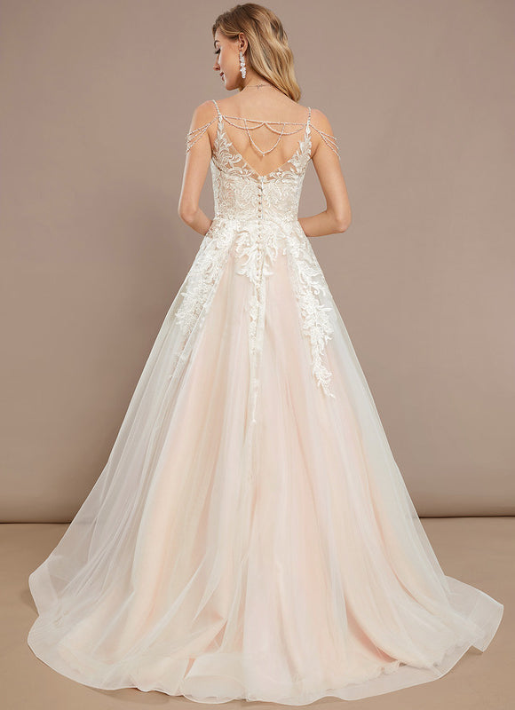 Robe Pastel Blanche Col V Traîne Dentelle - gallery 5