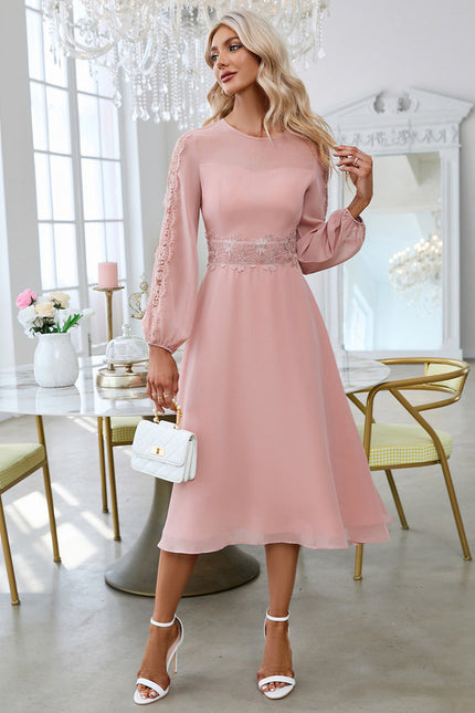 Robe Pastel Rose Col Rond Dentelle Midi - gallery 7