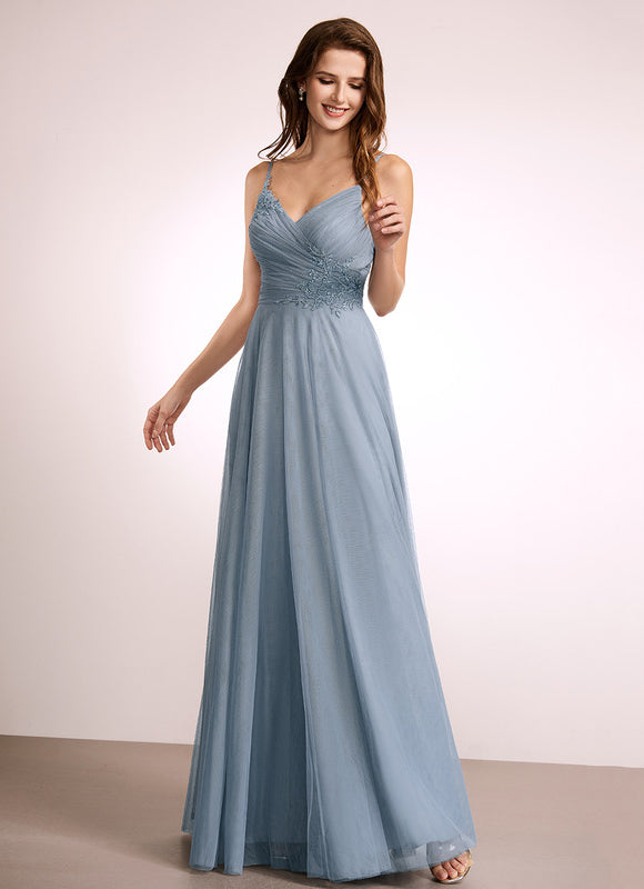Robe Pastel Bleu Col V Longueur Ras Du Sol - gallery 5
