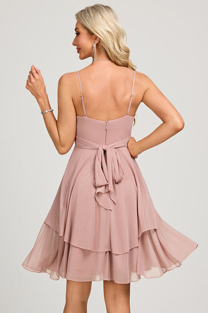 Robe Pastel Rose Trapèze Col V Court - gallery 1