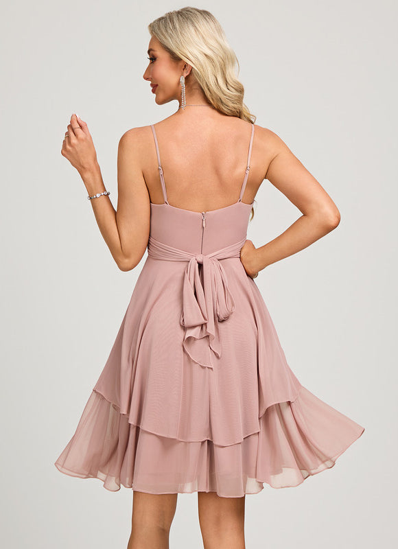 Robe Pastel Rose Trapèze Col V Court - gallery 1