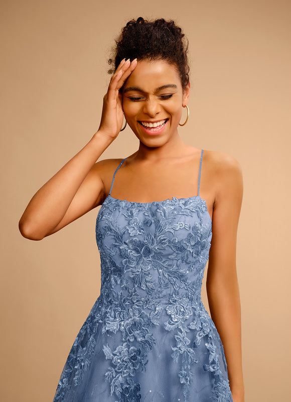 Robe Pastel Bleu Col Carré Tulle Paillettes - gallery 2