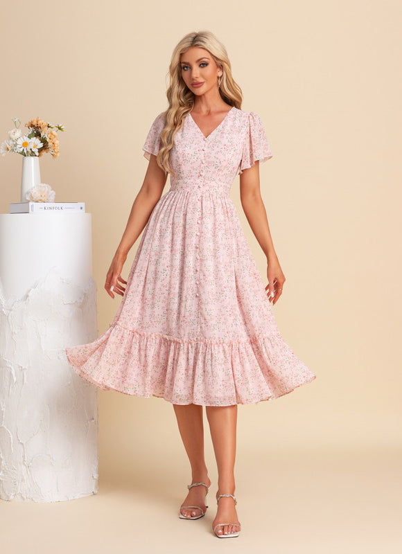 Robe Pastel Fleurie Rose Midi Volants