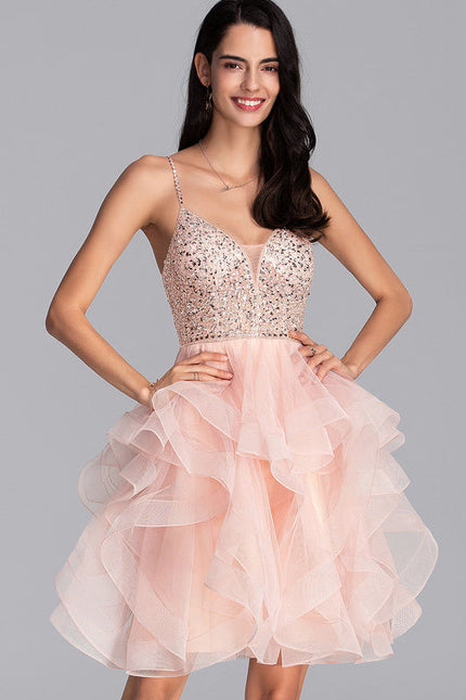 Robe Pastel Rose Col V Tulle Bal - gallery 1