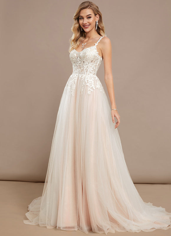 Robe Pastel Blanche Col V Traîne Tulle - gallery 1