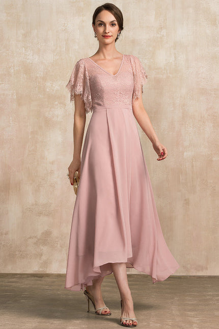 Robe Pastel Rose Col V Dentelle Élégante - gallery 1