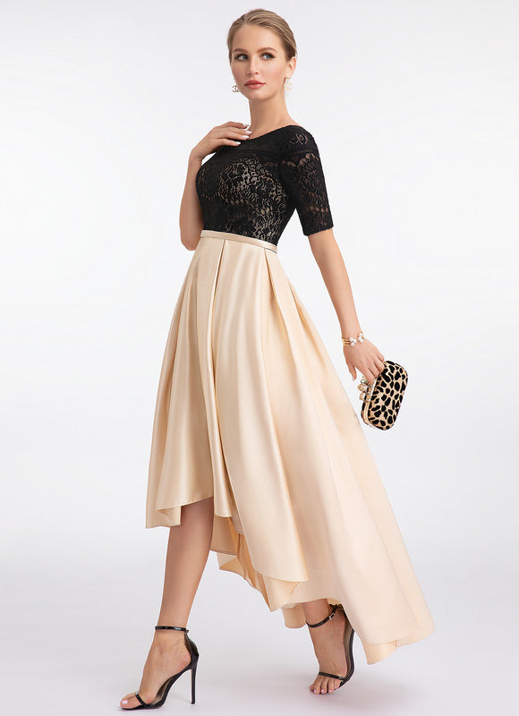 Robe Pastel Beige Trapèze Satin Dentelle - gallery 2