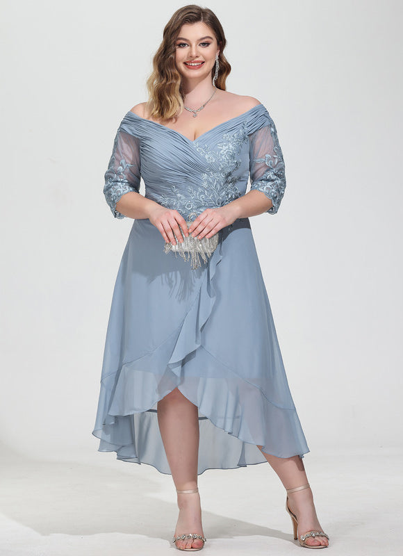 Robe Pastel Bleu Asymétrique Dentelle Élégante - gallery 6
