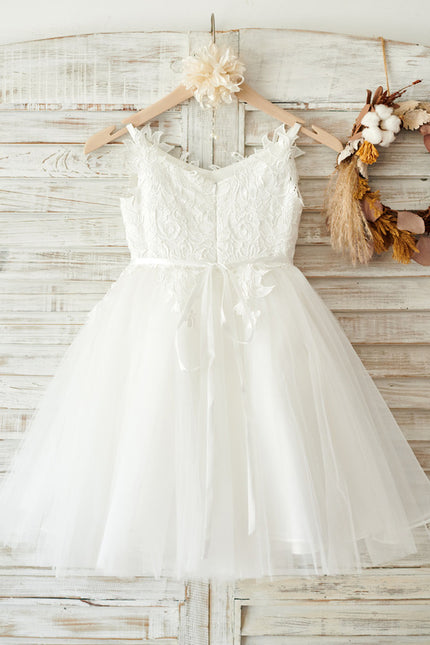 Robe Pastel Blanche Col V Dentelle Tulle - gallery 6
