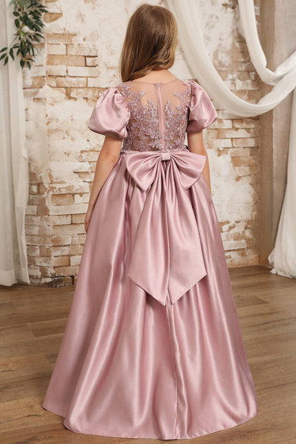 Robe Pastel Rose Satin Dentelle Fille Mariage - gallery 4