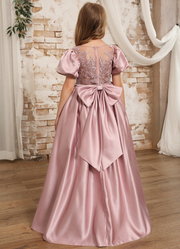 Robe Pastel Rose Satin Dentelle Fille Mariage - gallery 4