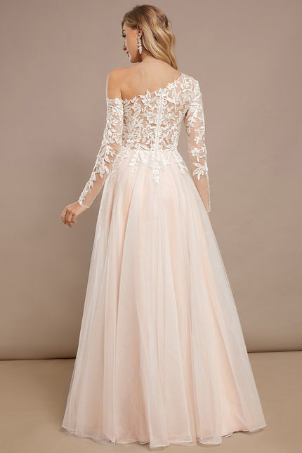 Robe Pastel Rose Col Asymétrique Tulle Dentelle - gallery 6
