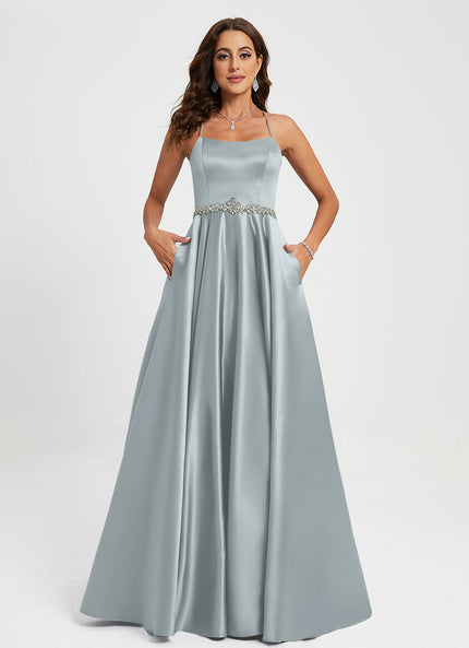 Robe Pastel Gris Satin Strass Longueur Sol