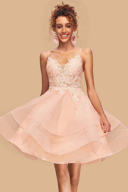 Robe Pastel Rose Col V Tulle Dentelle - gallery 1