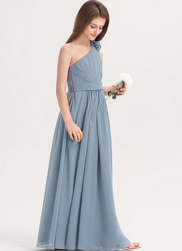 Robe Pastel Bleu Décolleté Asymétrique Mousseline - gallery 1