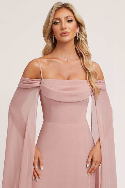 Robe Pastel Rose Décolleté Longue Avec Volants - gallery 3