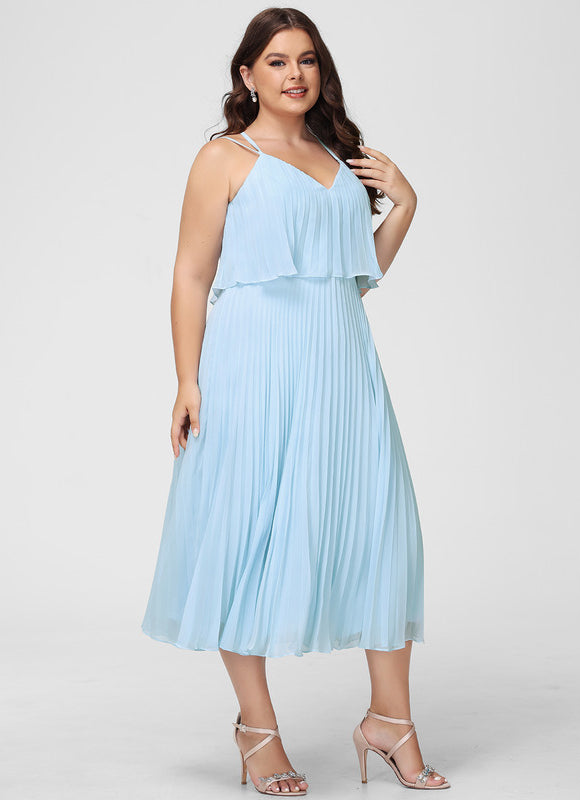 Robe Pastel Bleu Col V Plissée Mollet - gallery 7