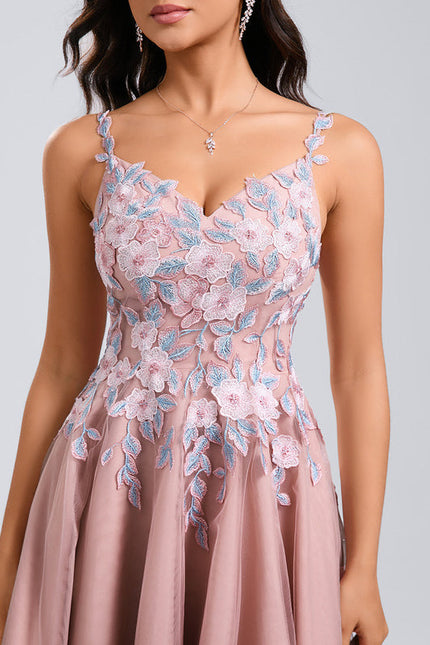 Robe Pastel Rose Col V Tulle Dentelle - gallery 7