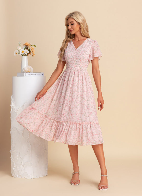 Robe Pastel Fleurie Rose Midi Volants - gallery 3