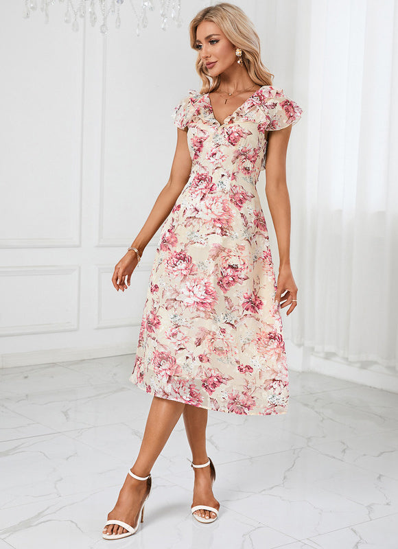 Robe Pastel Fleurie Crème Midi - gallery 4