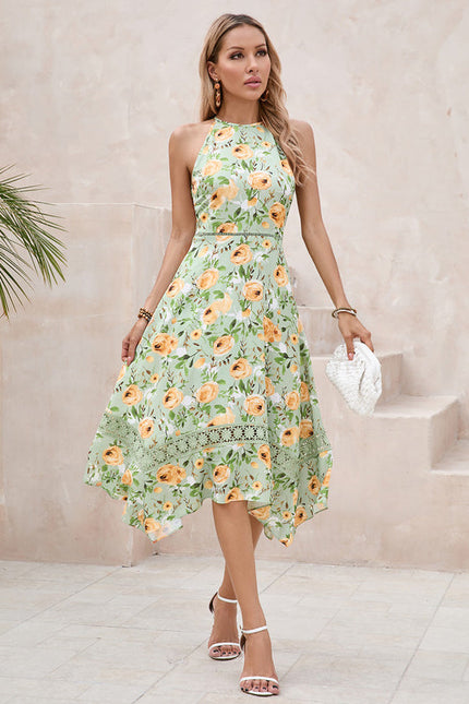 Robe Pastel Verte Imprimée Fleuri Midi - gallery 4
