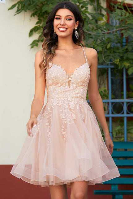 Robe Pastel Saumon Col V Tulle Fleurs - gallery 7
