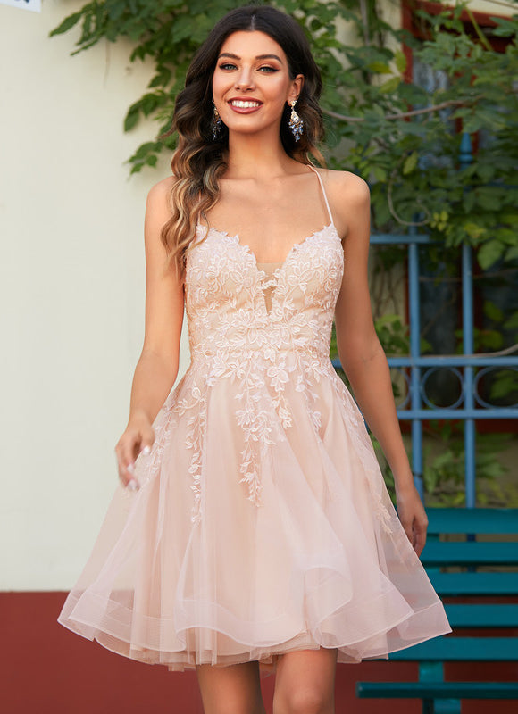 Robe Pastel Saumon Col V Tulle Fleurs - gallery 7