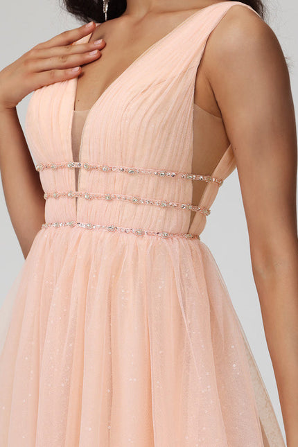 Robe Pastel Rose Trapèze Col V Tulle - gallery 3