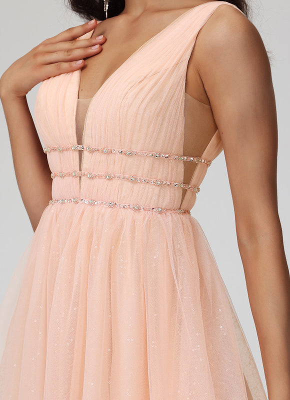 Robe Pastel Rose Trapèze Col V Tulle - gallery 3