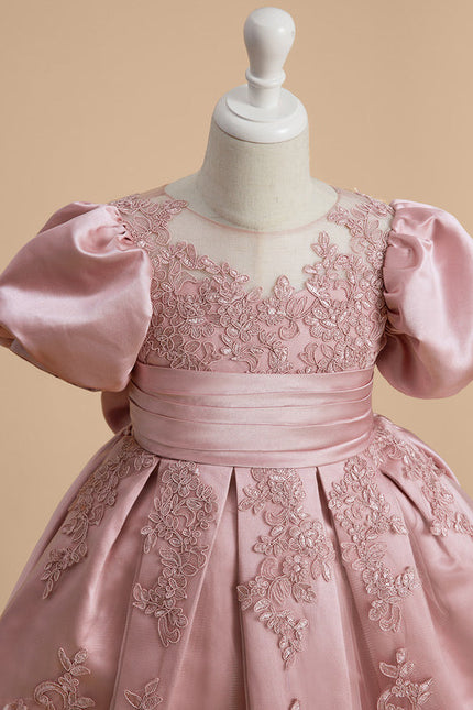 Robe Pastel Rose Satin Dentelle Fille Mariage - gallery 8