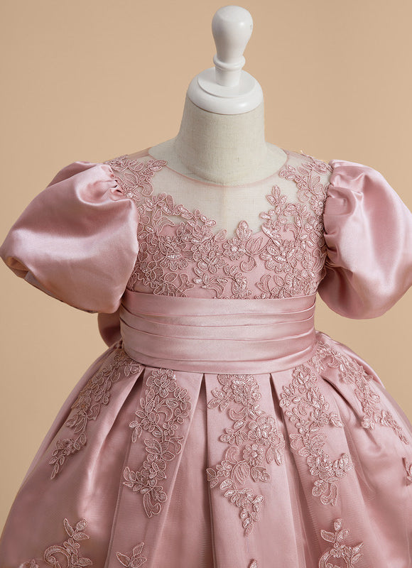 Robe Pastel Rose Satin Dentelle Fille Mariage - gallery 8