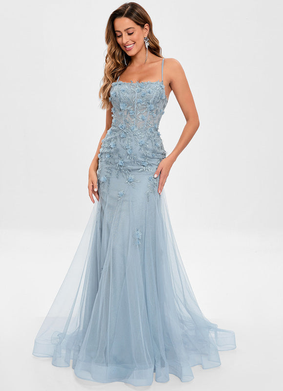 Robe Pastel Bleu Sirène Traîne Tulle - gallery 1