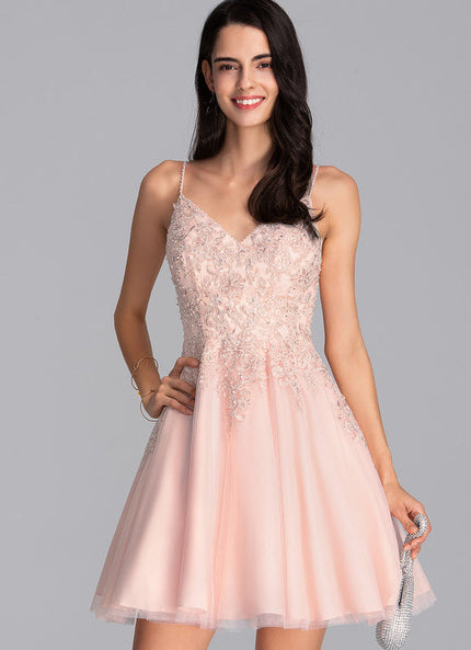 Robe Pastel Rose Trapèze Col V Tulle