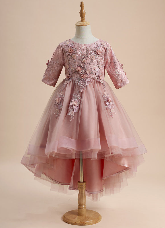 Robe Pastel Rose Asymétrique Col Rond Fleurs - gallery 2