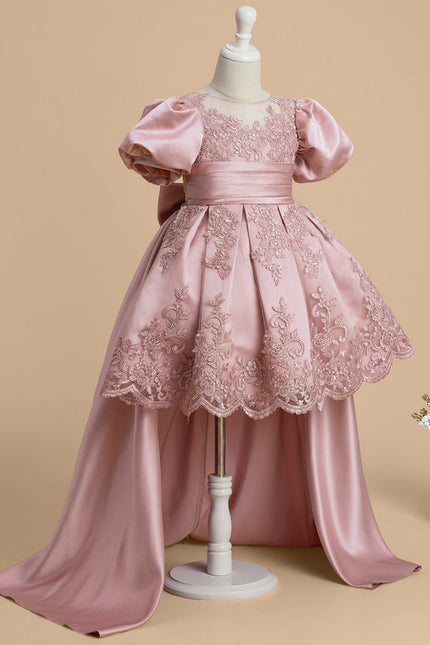 Robe Pastel Rose Satin Dentelle Fille Mariage - gallery 6
