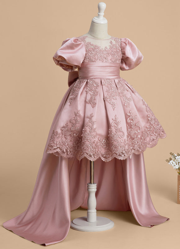 Robe Pastel Rose Satin Dentelle Fille Mariage - gallery 6