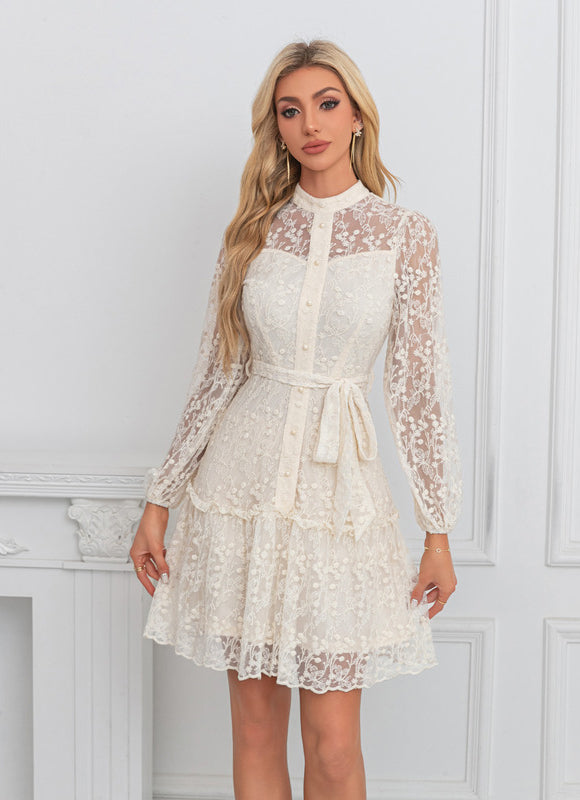 Robe Pastel Écrue Col Montant Dentelle - gallery 4