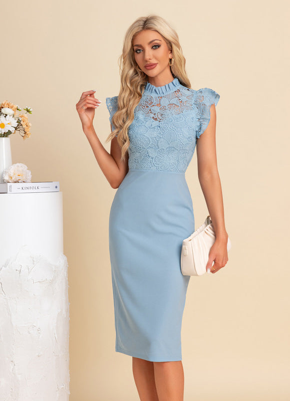 Robe Pastel Bleu Dentelle Fourreau Midi - gallery 2