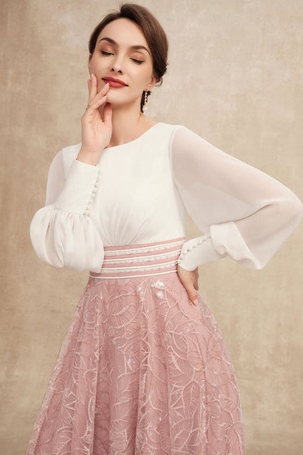 Robe Pastel Rose Longueur Mollet Dentelle - gallery 1