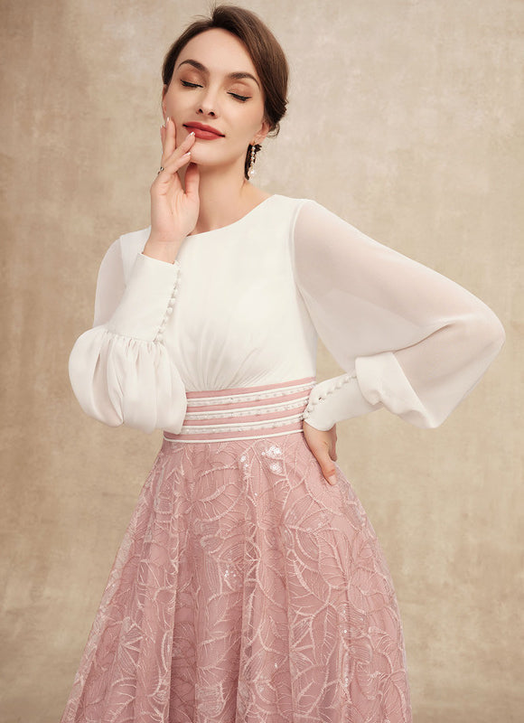 Robe Pastel Rose Longueur Mollet Dentelle - gallery 1