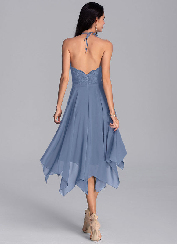 Robe Pastel Bleu Trapèze Asymétrique Dentelle - gallery 8