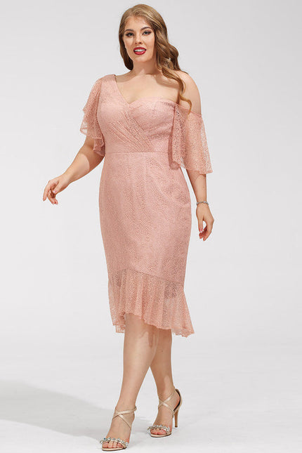 Robe Pastel Rose Décolleté Asymétrique Dentelle - gallery 4