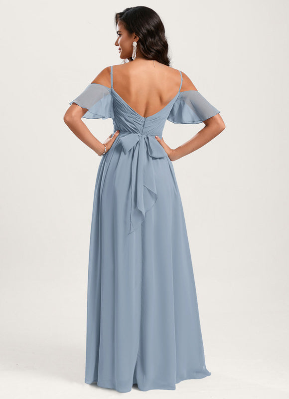Robe Pastel Bleu Décolleté Épaules Volants - gallery 2