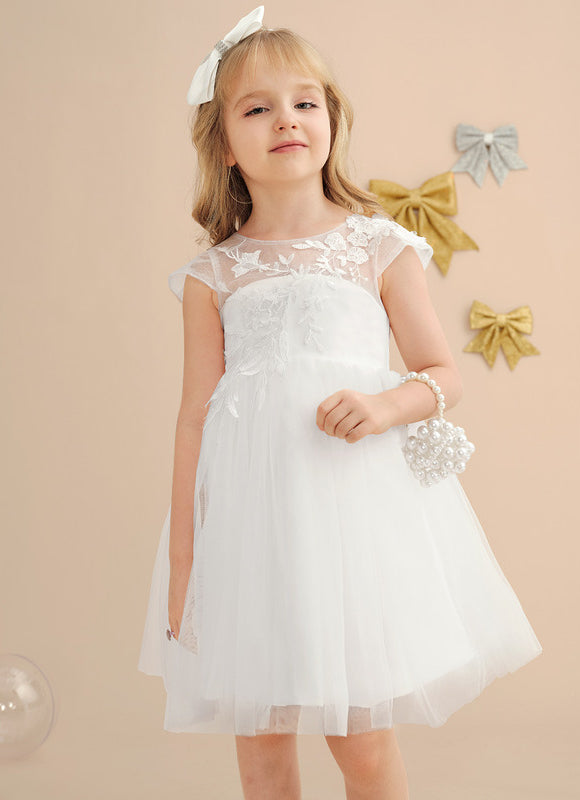 Robe Pastel Crème Dentelle Col Rond Genoux - gallery 7