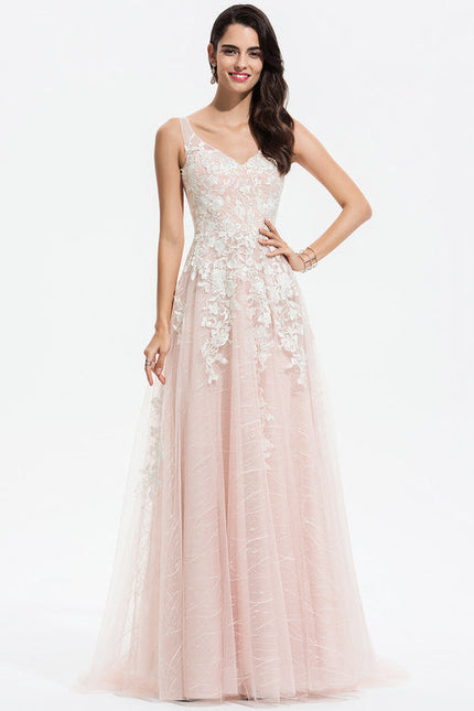 Robe Pastel Rose Traîne En Tulle - gallery 2
