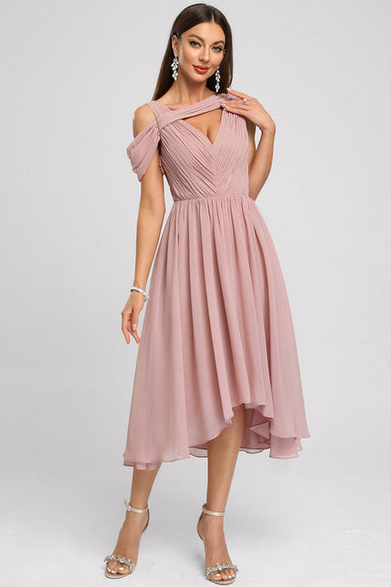 Robe Pastel Rose Asymétrique Plissée Élégante - gallery 2